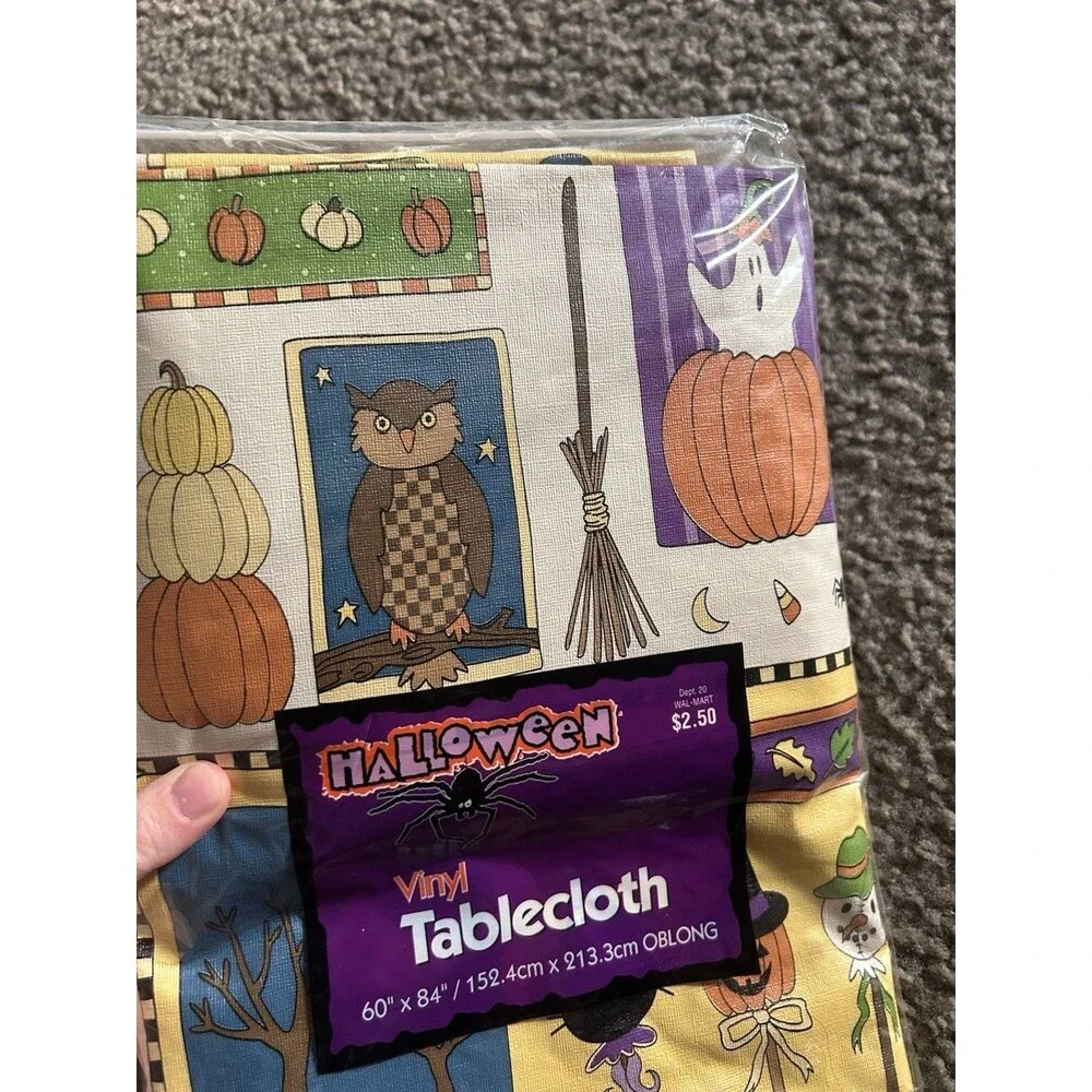 VTG NOS Halloween Vinyl Tablecloth Haunted Mansion Crow Skeleton 60” Oblong